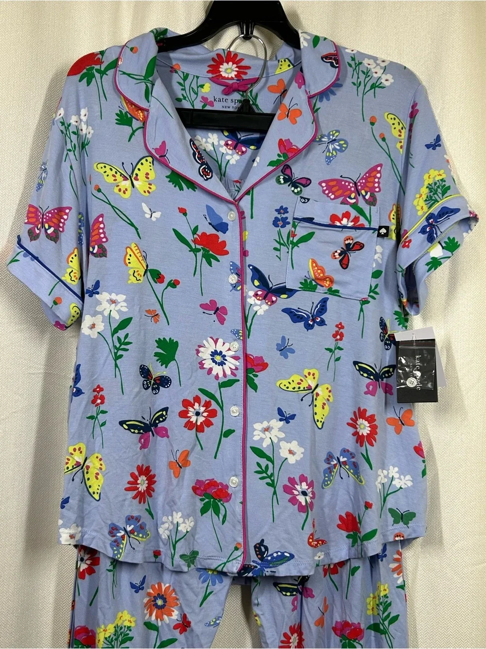 New Kate Spade Butterfly & Blooms Short Sleeve Notched Pajamas Pjs Size Large